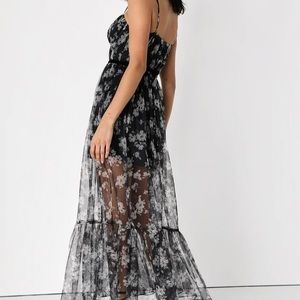 Black Floral Print Tulle Bustier Maxi Dress